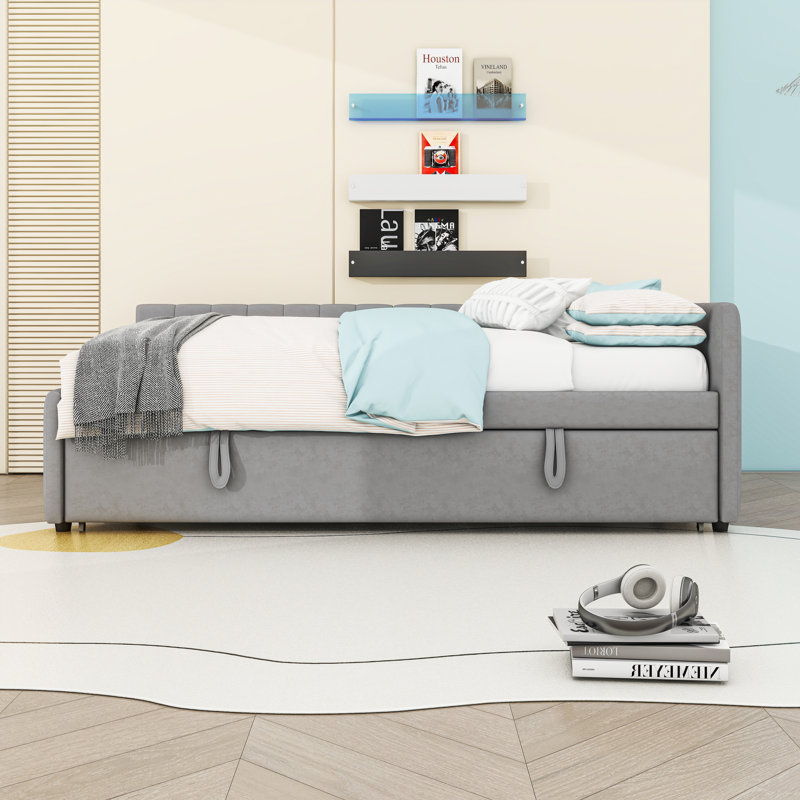 Upholstered Full Wood Daybed with Twin Pop-Up Trundle, Gray