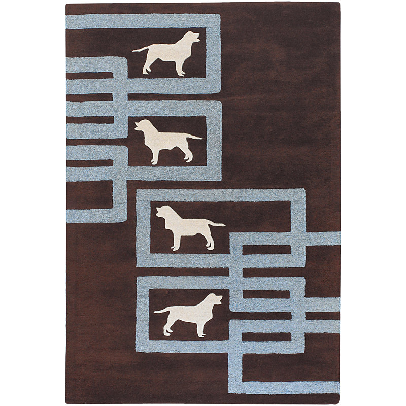 Valencia Authentic Hand-Crafted Hand-Tufted White Dog Silhouette Blue Geometric Lines On Brown Wool Indoor Area Rug
