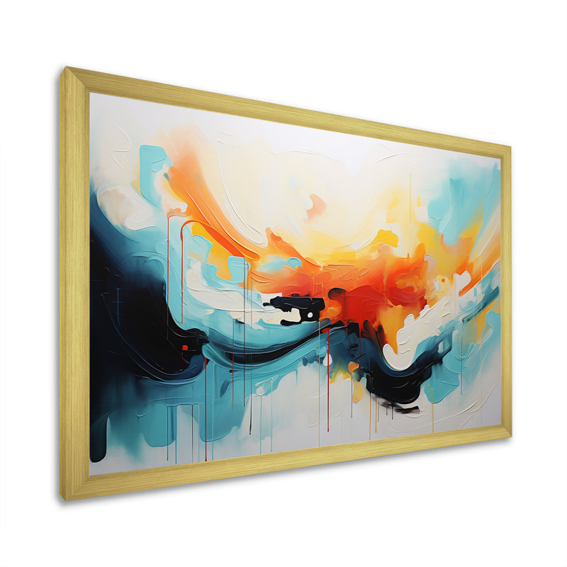 Bleu et orange, vagues abstraites colorées II - art mural abstrait, Cadre doré à coins fermés, H 24 po x l 32 po x P 1 po