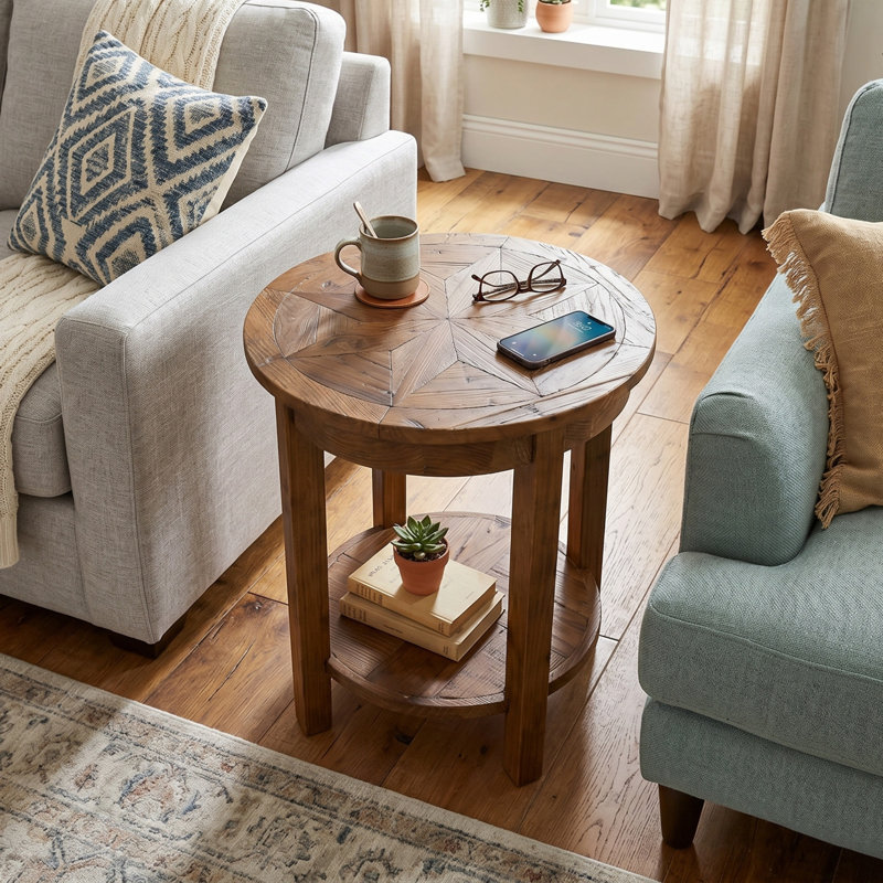 Table de bout ronde en bois avec tablette et plateau en étoile Revive
