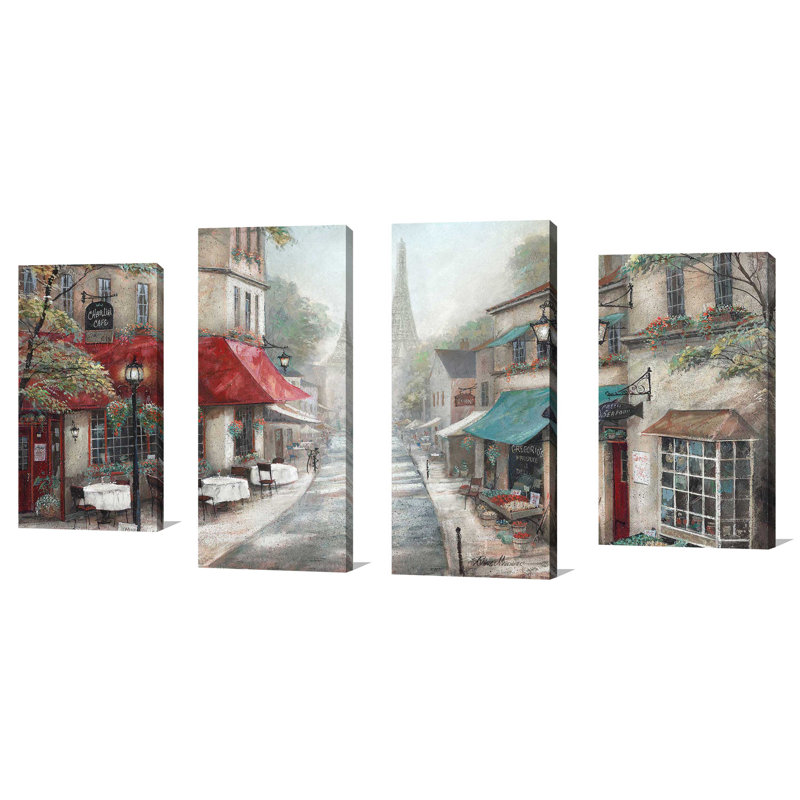 "Eiffel View From Charlie's Cafe" par Ruane Manning, ensemble de 4 reproductions sur toiles, H 30 po x l 56 po x P 1 po