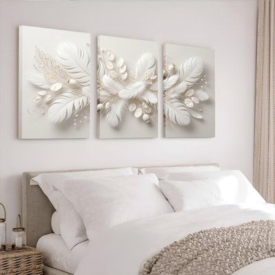 Ensemble de 3 tableaux sur toile tendue « Plumes blanches » pour la décoration du salon et de la chambre.