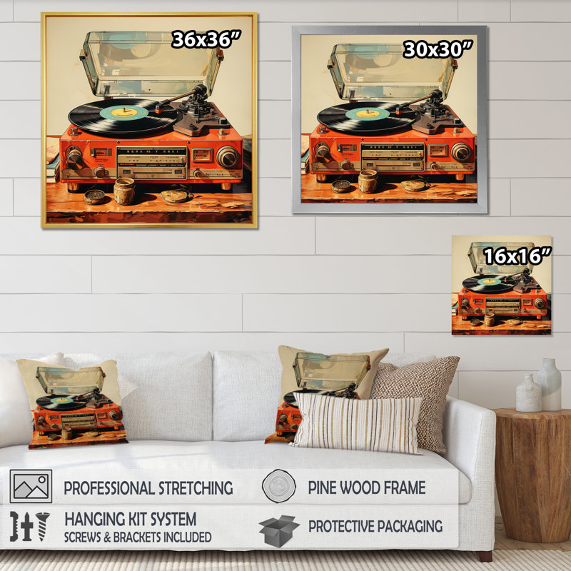 Joueur de vinyle rétro sur toile, Cadre simple noir, H 30 po x l 30 po x P 1 po
