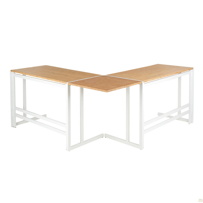 Bureau en forme de «L» en métal blanc et bambou à grain de bois naturel Roman