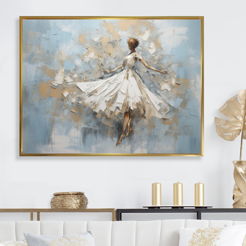 Minimalisme dansant blanc et bleu sur toile, H 32 po x l 16 po x P 1 po, Cadre flottant doré