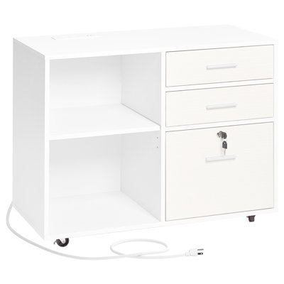 White 3 Drawer Mobile Cabinet With Strip - High Capacity Storage For Documents And Printers, Lockable Compartment, Smooth Rolling Wooden Filing In Ideal Keeping Office Tidy, Adjustable File Hanger,