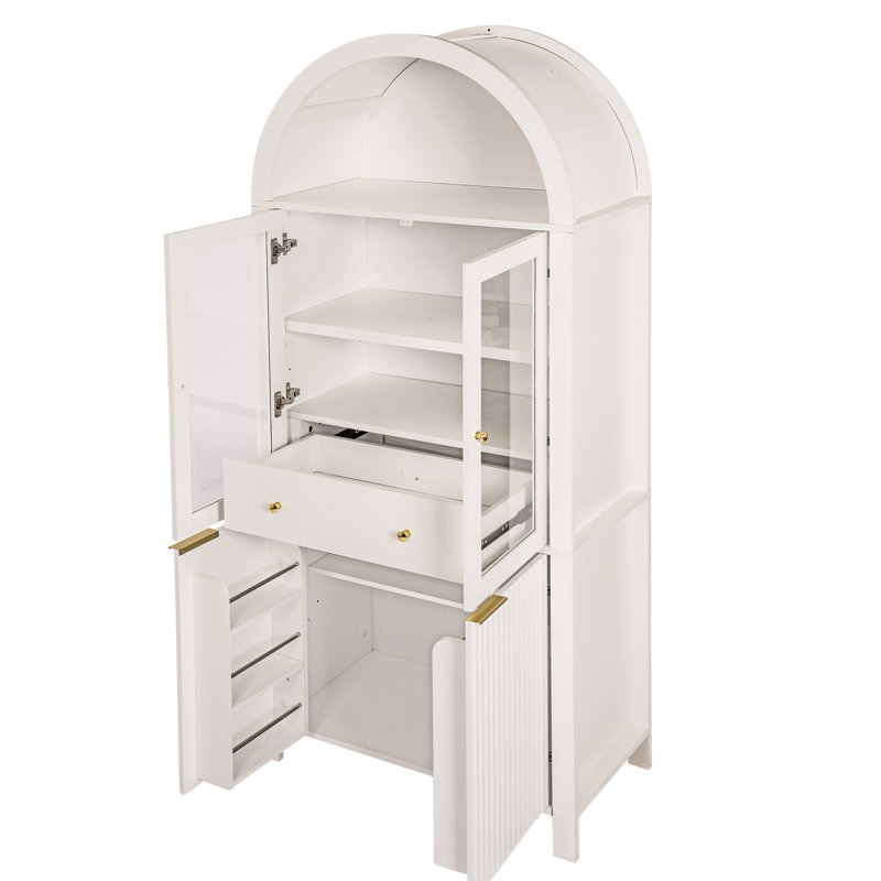 White 71" Fluted Tall Arched Pantry Cabinet With Adjustable Shelves, Ideal For Kitchen, Living Room, And Dining Glass Door, Door Rack, Smooth Drawer Slides Cabinet, White, Hidden Drawer, High -