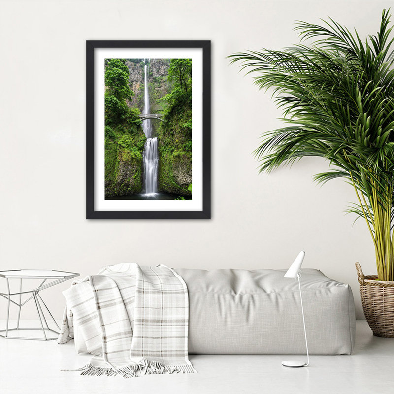 Natura Forest Waterfall Bridge - Single Picture Frame Print, 100cm H x 70cm W, Black