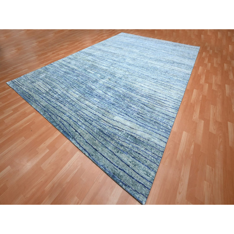 Tapis oriental bleu en soie noué à la main 9 pi 11 po x 14 pi 2 po - MOA10275703