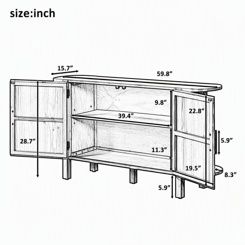 Buffet en pin avec tablette d'extension incurvée à double couche, texture ondulée verticale, poignée en métal, pour la salle à manger et la cuisine