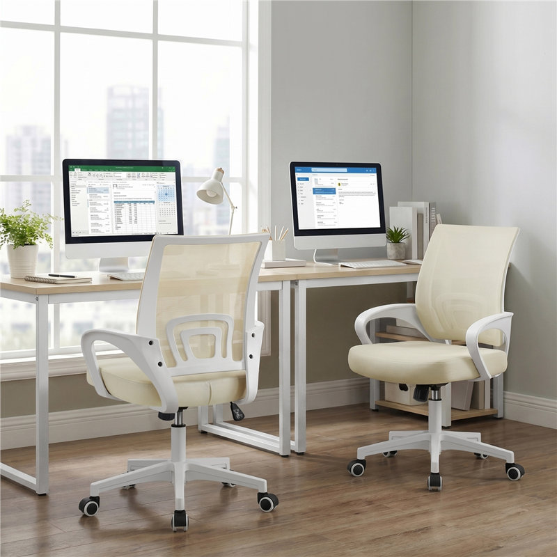 color Mid-Back Mesh Swivel Office Chair, White, Beige