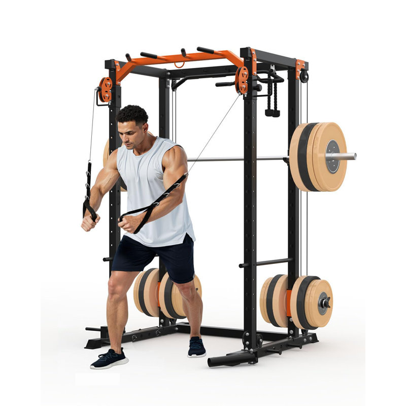 Support de squat multifonctionnel 2000 LBS avec câble croisé et système de conversion LAT, cage d'entraînement compacte en acier au carbone avec accessoires complets pour l'entraînement en force à domicile (orange et noir)