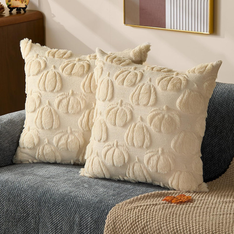 Ensemble de 2 housses de coussins d'automne 18 x 18 décorations d'automne Beige citrouille coussins décoratifs Housse de coussin moelleuse en fausse fourrure de laine pour canapé salon Home Decor Ptk046A18