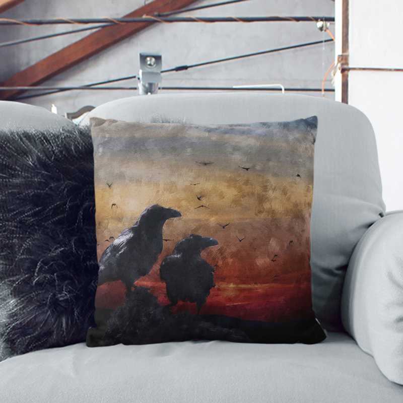 Crows At Sunset Painting Square Throw Cushion, 55cm H x 55cm W x 20cm D