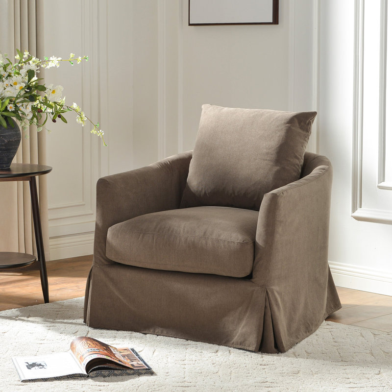 32" Wide Down Fill Upholstered Slipcovered Swivel Barrel Armchair, Brown