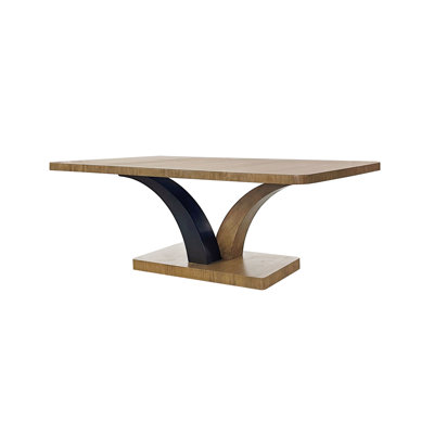 Table à piédestal fabriquée en eucalyptus, conception à base à double arc, chaleur naturelle, plateau rectangulaire avec bords arrondis, couleur brun clair, bois massif +, profondeur de produit 84 po, largeur 44 po, hauteur 30 po, 235 lb