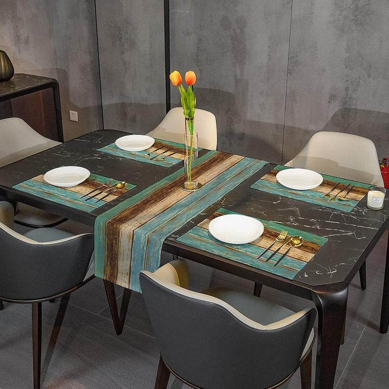 Chemin de table Wood Grain Farmhouse - Bleu / brun - Décoration de table de salle à manger résistante à la chaleur