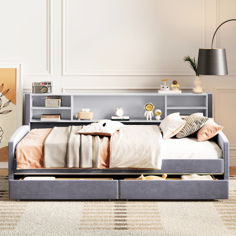 Lit plateforme tapissier simple avec rangement - tissu de velours doux, tête de lit confortable, tiroirs spacieux pour la literie supplémentaire et côté tête de lit à vêtements, pratique