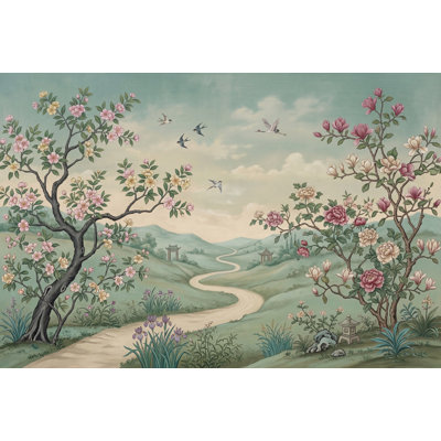 Chinoiserie Wallpaper Pastel Green Landscape Vintage Mural Removable Wall Decor