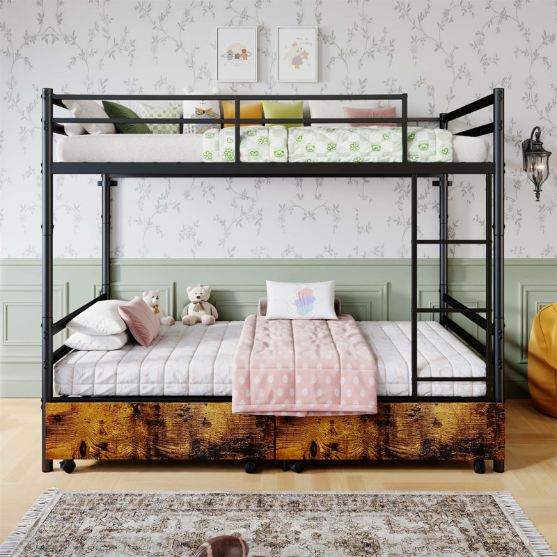 Lit superposé en métal robuste avec tiroirs, garde-corps élevé, entrée sécuritaire, rangement sous le lit, assemblage facile et conception silencieuse (matelas non inclus)