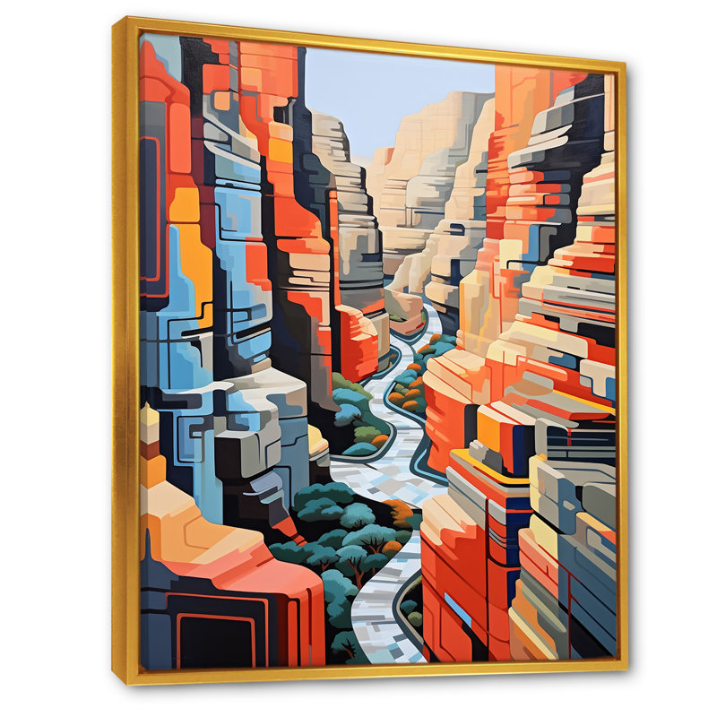 Canyon de Stijl, paysage inspiré sur toile, Cadre flottant doré, H 32 po x l 24 po