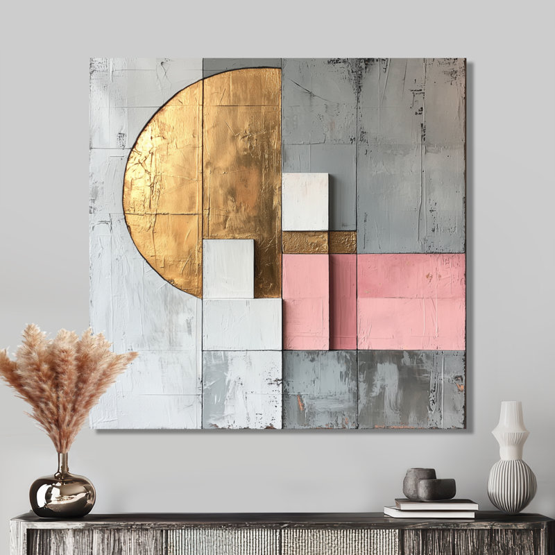 Motif géométrique abstrait géométrique doré rose et gris, H 29,5 po x l 29,5 po