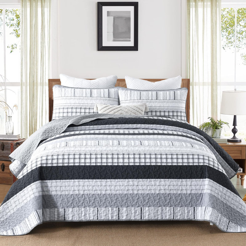 Ensemble de courtepointe 3 pièces à patchwork rayé de style bohème en microfibre douce et légère pour toutes les saisons