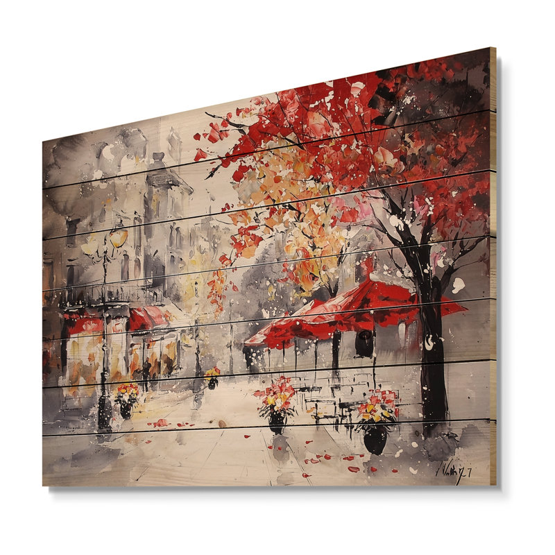 Minimal Paris Street In Autumn - Décoration murale traditionnelle en bois sur bois de pin naturel, H 10 po x l 20 po