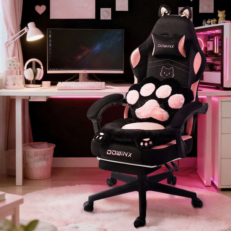 Fauteuil de jeu mignon avec oreille de chat avec support lombaire et coussin Paw Print, Rose/noir