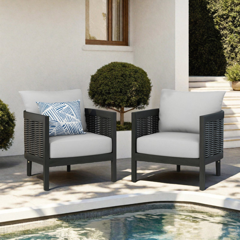 Boling Outdoor Acacia Wood Club Chairs with Cushions, Light Gray Polyester Cushion/ Black Frame