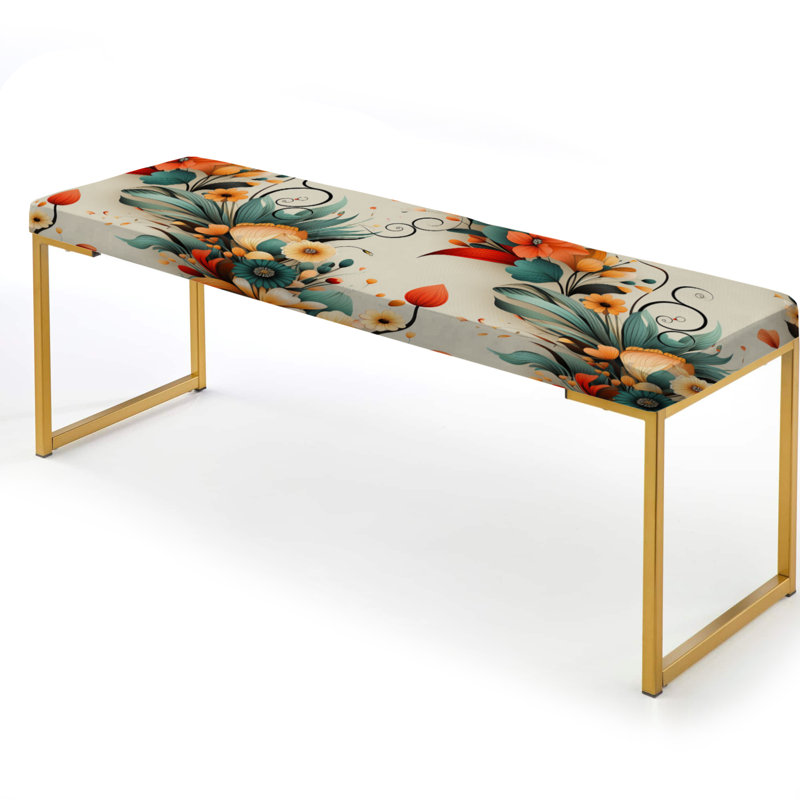 Retro Bouquet Revival - Eclectic Upholstered Gold Bench