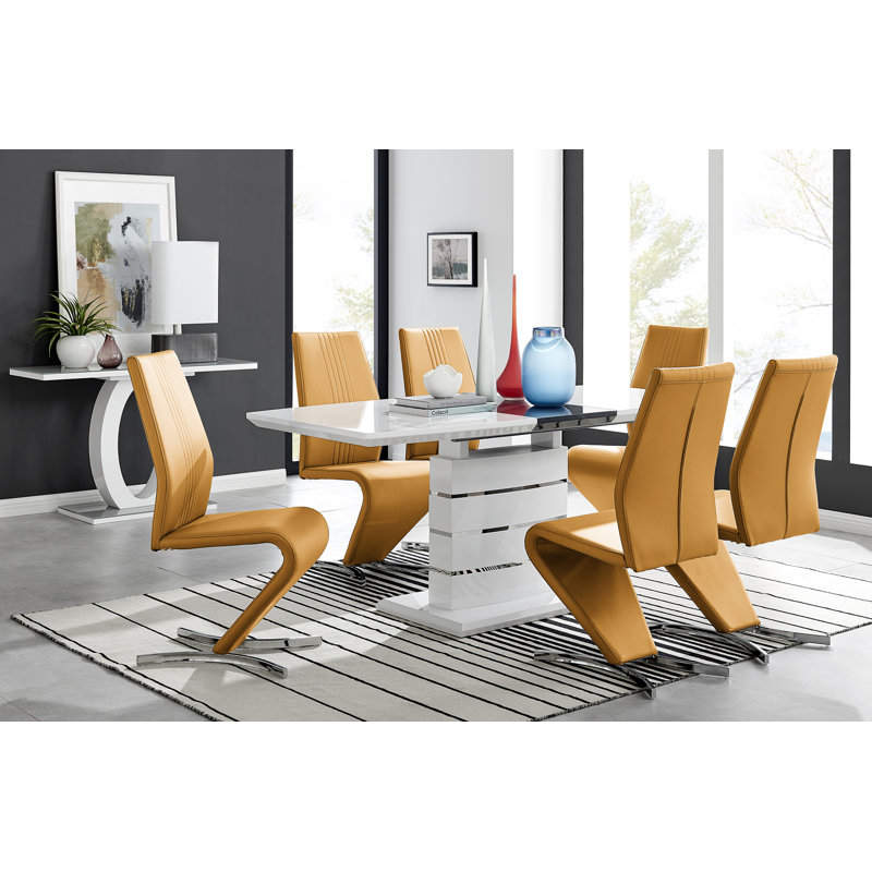 Renne Modern High Gloss Extendable Dining Table Set With 8 Modern Design Faux Leather Dining Chairs, Mustard