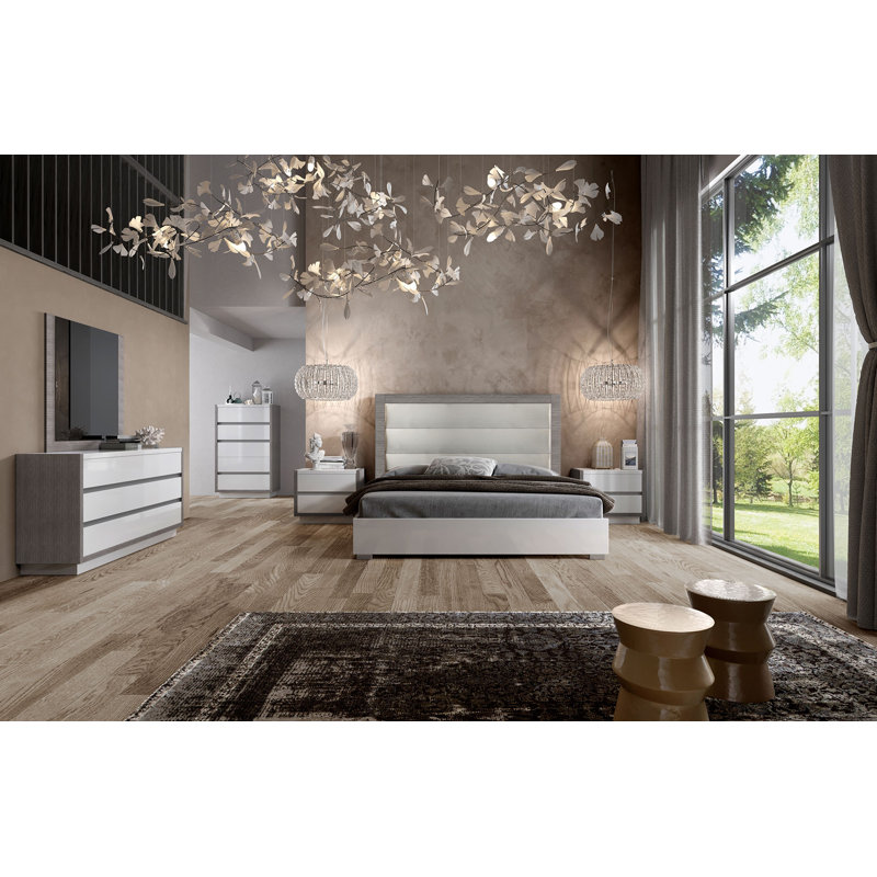 Table de chevet 2 tiroirs Modern - blanc brillant avec accents de bois gris