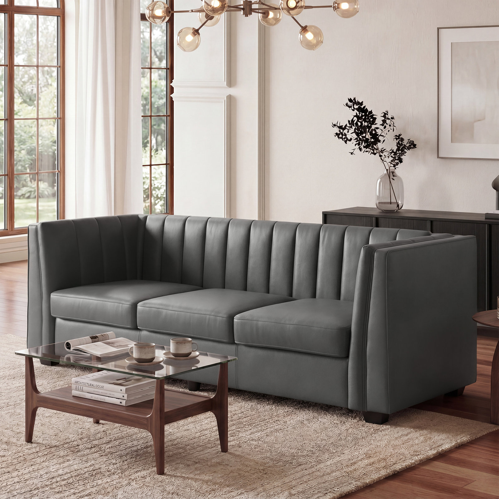 89" Velvet Sofa, Gray Faux Leather