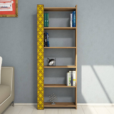 Modern Bookshelf with Geometric Design, Walnut & Yellow, 25.4 x 67.0 x 9.5 inches | 100% Melamine Coated Particle Board, Thickness: 0.7 inches | Numerous Shelves, Wall-Mountable, Stylish & Functional for Home & Office