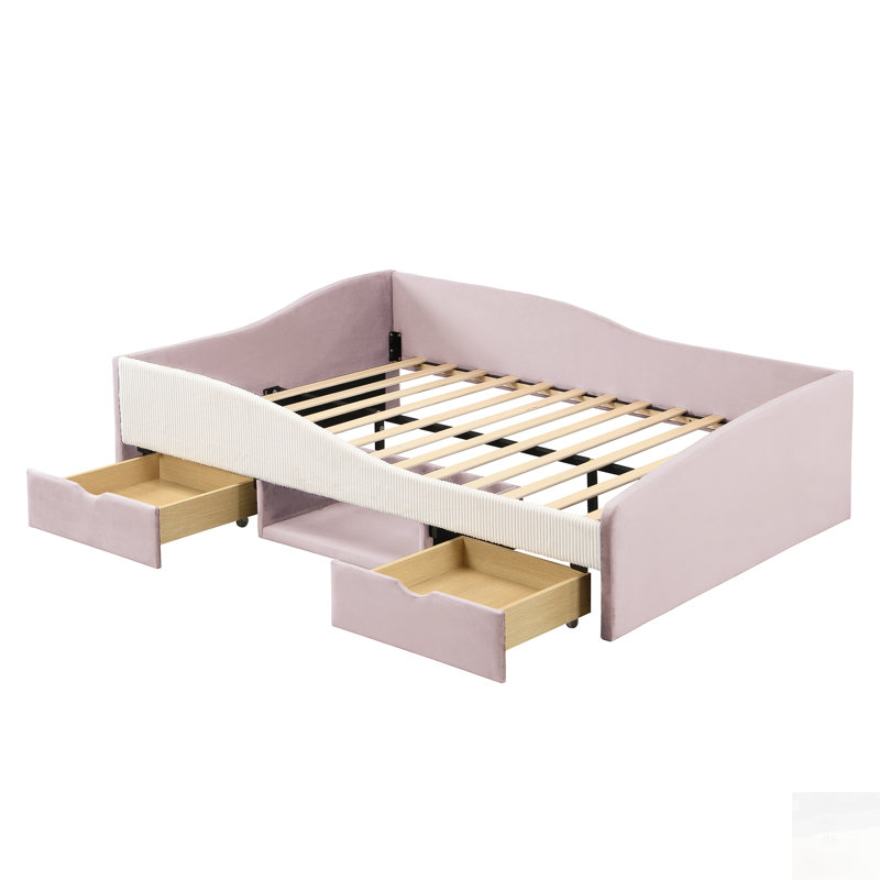 Structure de lit de jour rembourrée avec 2 tiroirs de rangement, tissu doux pour le confort et l'esthétique, Full, Pink
