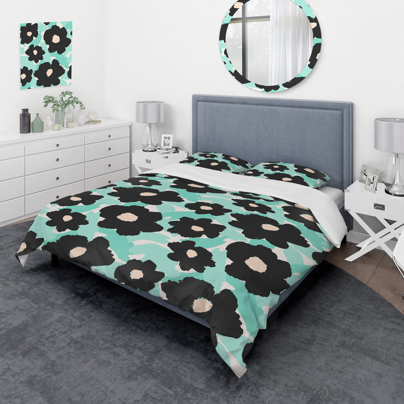 Fleurs de marguerite noire sur turquoise III - ensemble de housse de couette rétro - microfibre de polyester