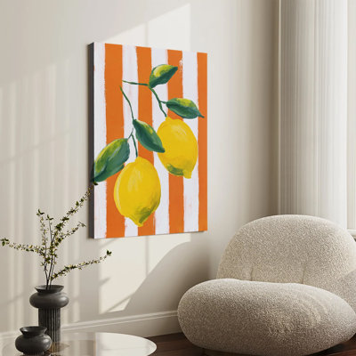 Peinture texturée en impasto d'une branche de citronnier sur fond rayé orange et blanc, grande toile tendue sur châssis pour salon ou chambre.