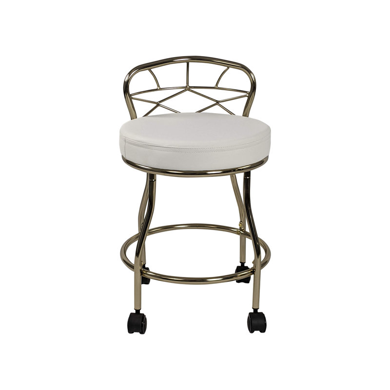 Elegant White 16" Vanity Stool with Rolling Casters, Gold