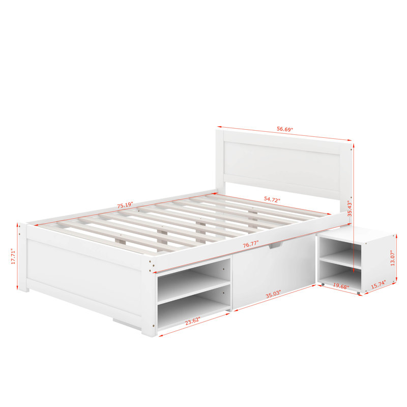 Full Size Platform Bed With Drawer, White