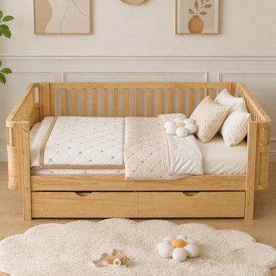 Full Size Wood Platform Bed for Kids, Wood Low Profile Full Bed with Rails, Natural