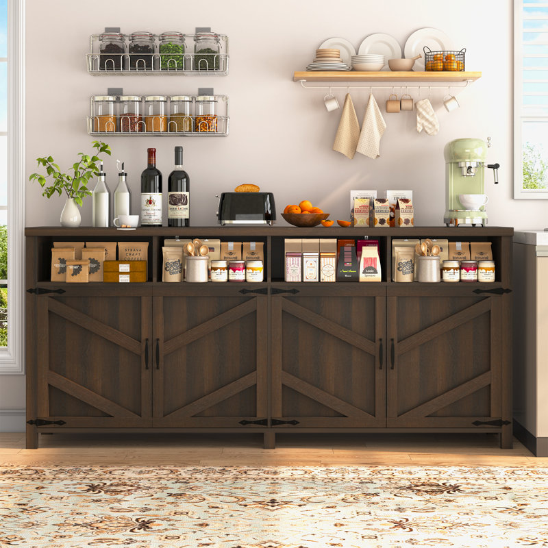 Buffet 63 "avec 4 portes et rangement ouvert, grande armoire de cuisine de ferme, armoire à café avec tablettes réglables pour la salle à manger, vestibule, buffet, brun