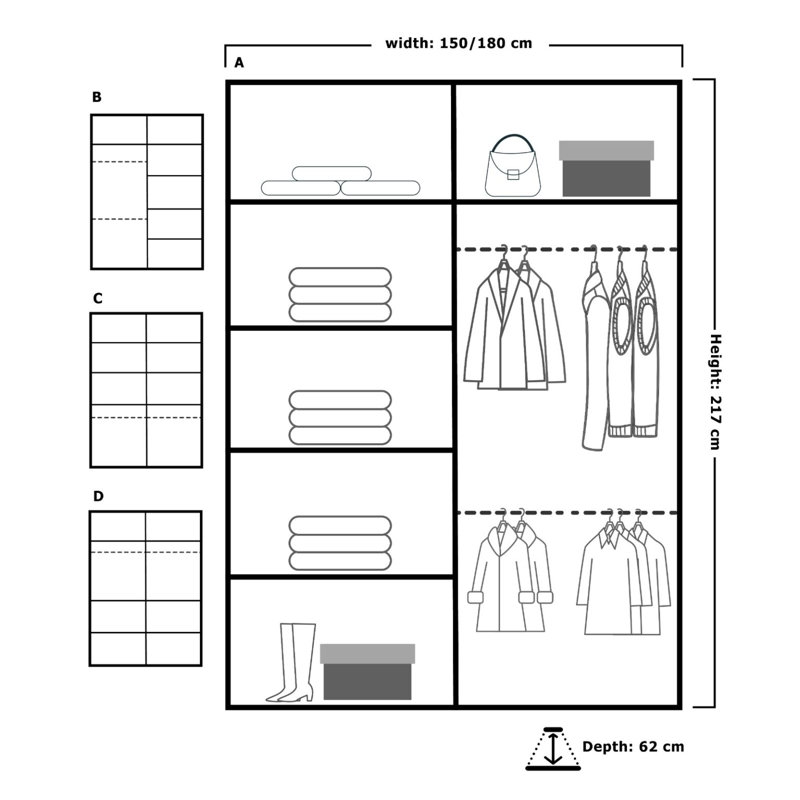 Antorria 2 Door Wardrobe, 217 H x 180 W x 62 D cm, Black