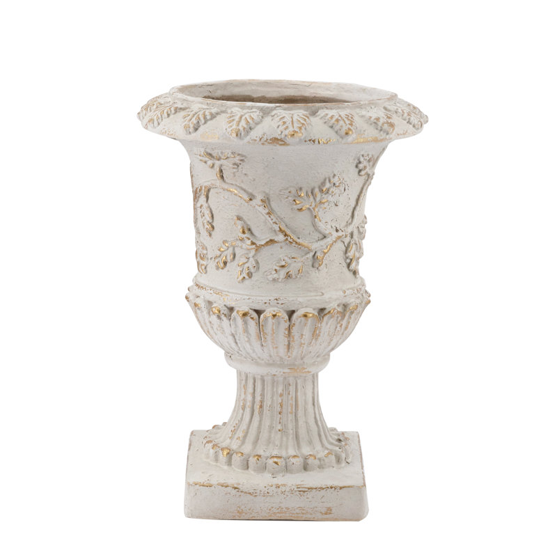 14X14x20.5" Ornate Magnesium Urn Planter With Distressed White Finish And Carved Details