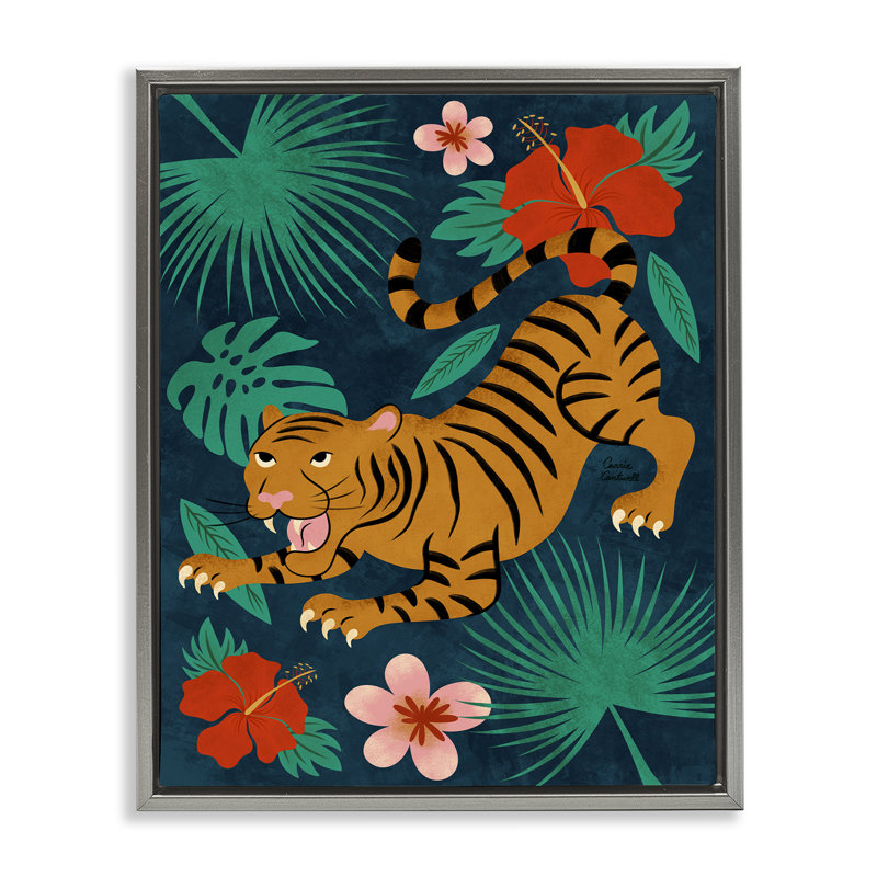  "Tigre accroupi", art mural par Carrie Cantwell, Cadre flottant gris lustré, H 21 po x l 17 po