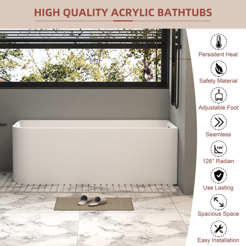 59'' White Acrylic Freestanding Soaking Bathtub with Right Drain