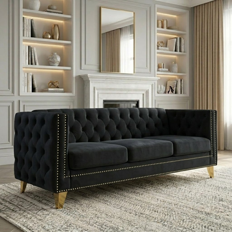 Amarillys 80.51'' Velvet Sofa, Black Velvet