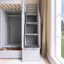 Lit mezzanine simple gris avec cadre en bois avec bibliothèque, tiroirs et bureau