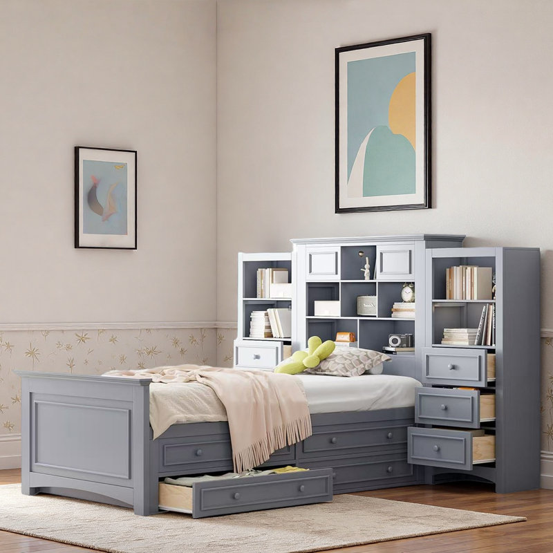 Lit plateforme en bois avec tiroirs et compartiments de rangement, Gris