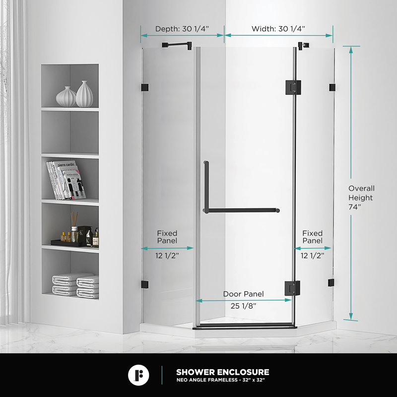 30.25'' W x 74.25'' H Hinged Frameless Shower Door, Black